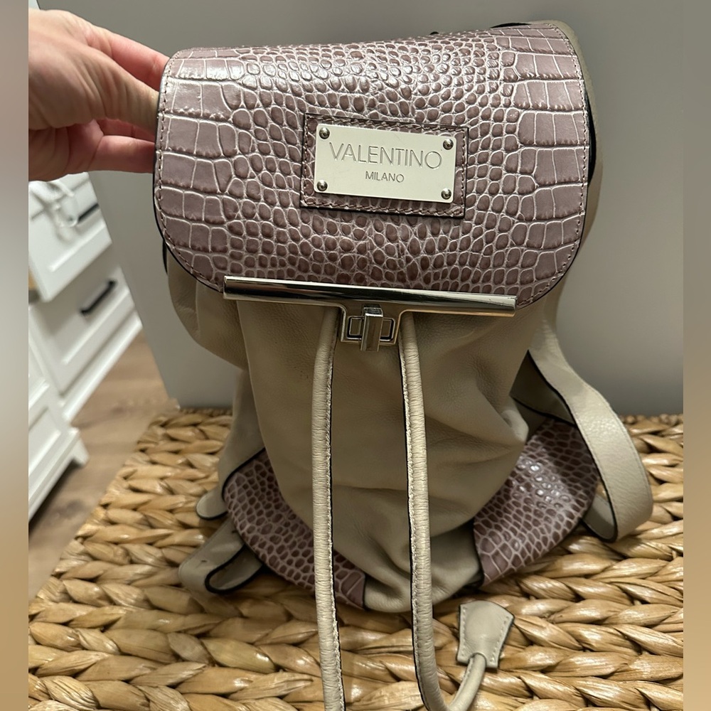 Valentino By Mario Valentino Croc-Embossed Beige and Brown Backpack